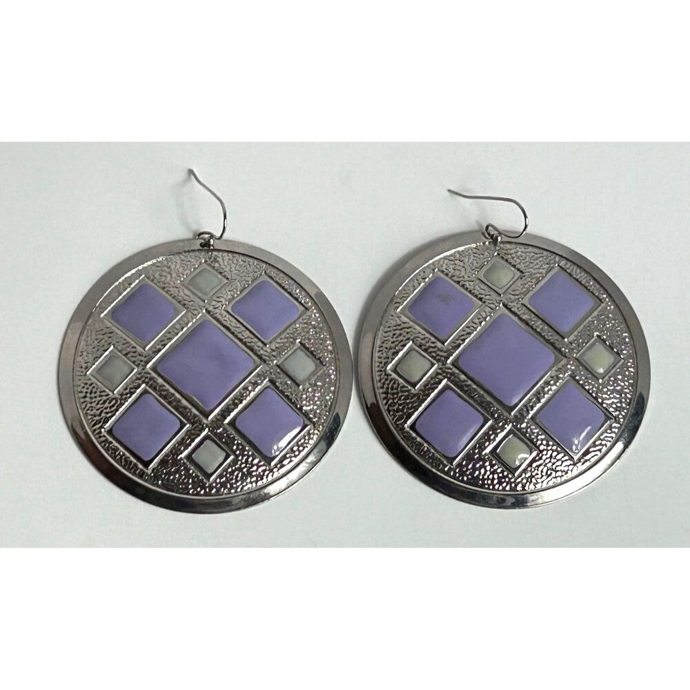 Silver & Lavender Geometric Pattern Large Aluminum Light-weight Round Earrings